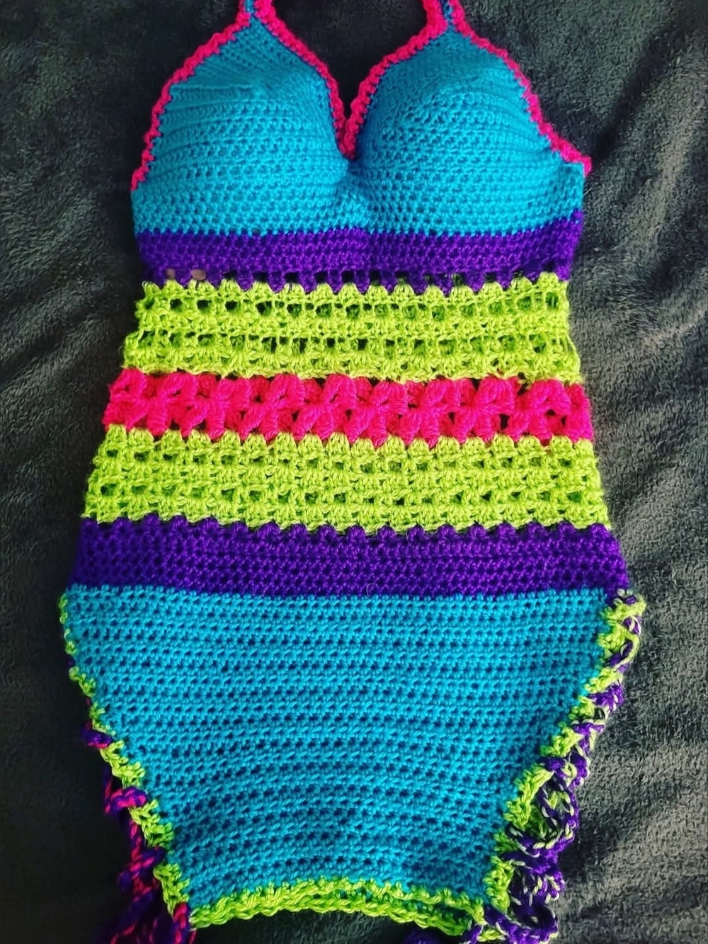 Handmade Crochet Dress - Bright Teal, Lime & Pink One-Piece